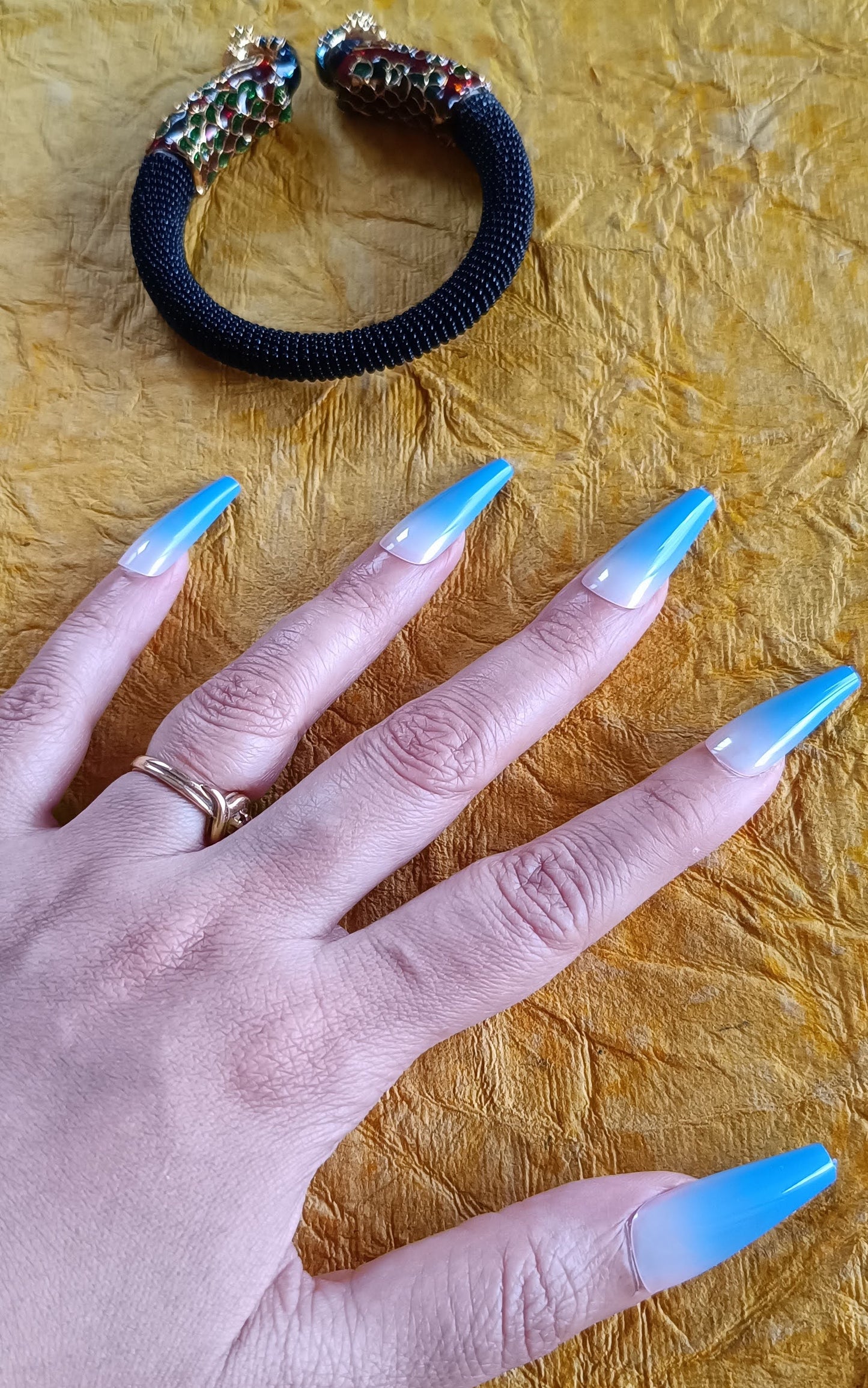 Acrylic/ Press-on Designer Nails with Glue Tabs | Artificial Nails Under 50 - Coffin shaped Sky Blue Ombre
