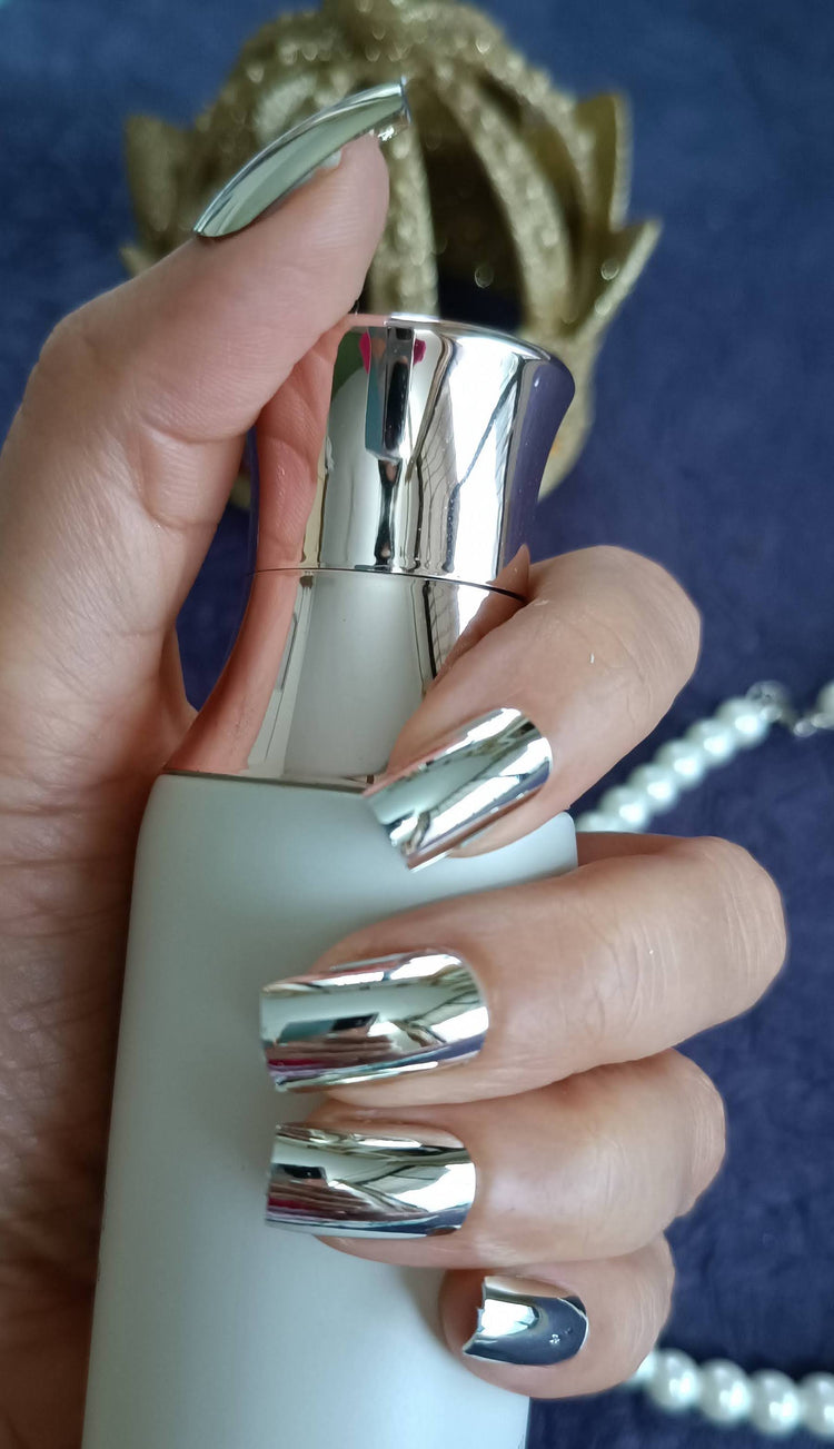 Combo of Acrylic/ Press-on Designer Nails with Glue Tabs | Artificial Nails Under 200 - Box Shaped Golden Chromatic-Silver Chromatic