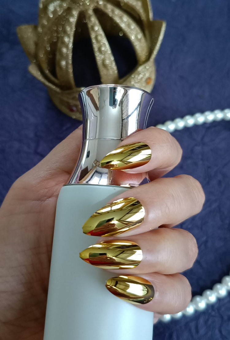 Combo of Acrylic/ Press-on Designer Nails with Glue Tabs | Artificial Nails Under 200 - Almond Shaped Purple Chromatic-Golden Chromatic