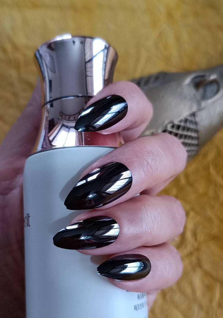 Combo of Acrylic/ Press-on Designer Nails with Glue Tabs | Artificial Nails Under 200 - Almond Shaped Black Chromatic-Teal Chromatic