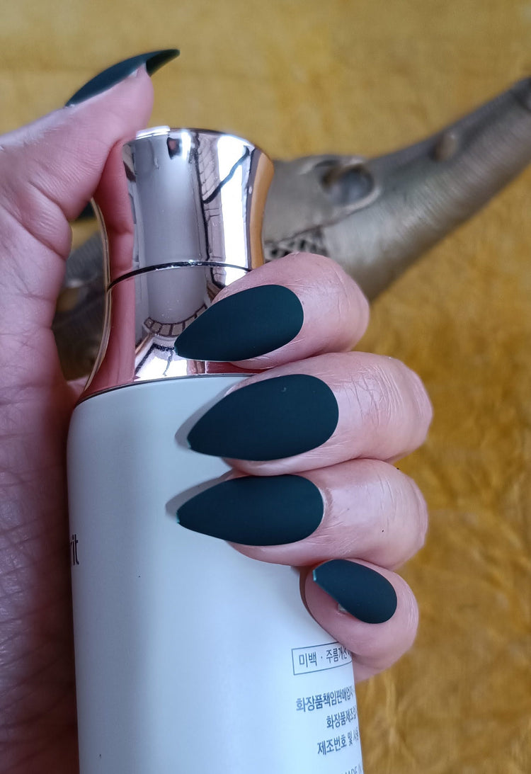 Combo of Acrylic/ Press-on Designer Nails with Glue Tabs | Artificial Nails Under 200 - Almond Shaped Maroon Matte-Bottle Green Matte