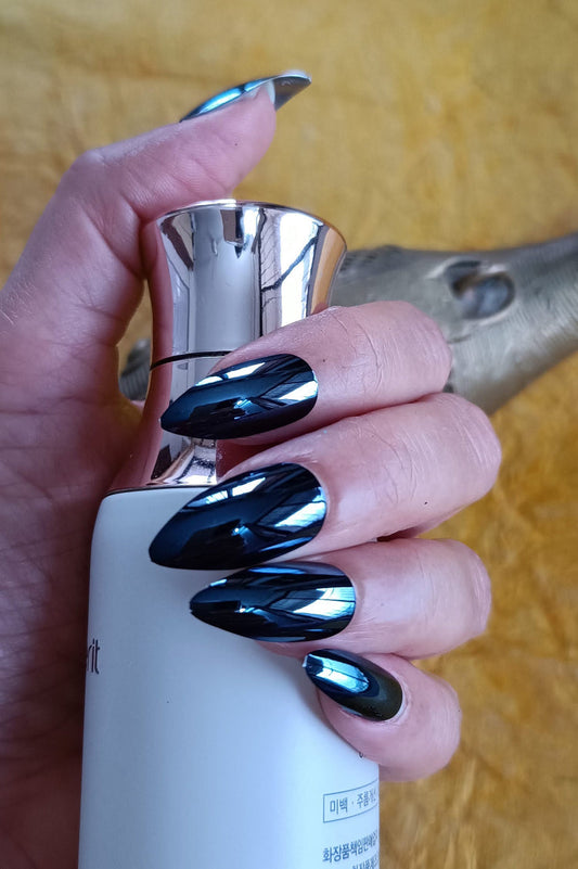 Combo of Acrylic/ Press-on Designer Nails with Glue Tabs | Artificial Nails Under 200 - Almond Shaped Blue Chromatic-Magenta Chromatic