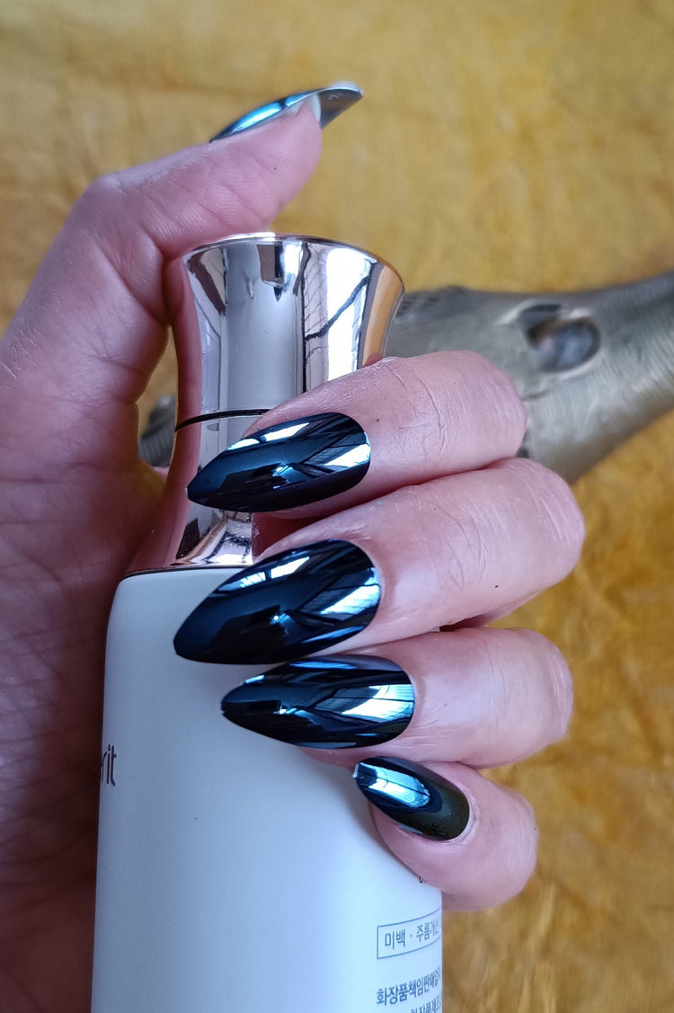 Combo of Acrylic/ Press-on Designer Nails with Glue Tabs | Artificial Nails Under 200 - Almond Shaped Blue Chromatic-Teal Chromatic