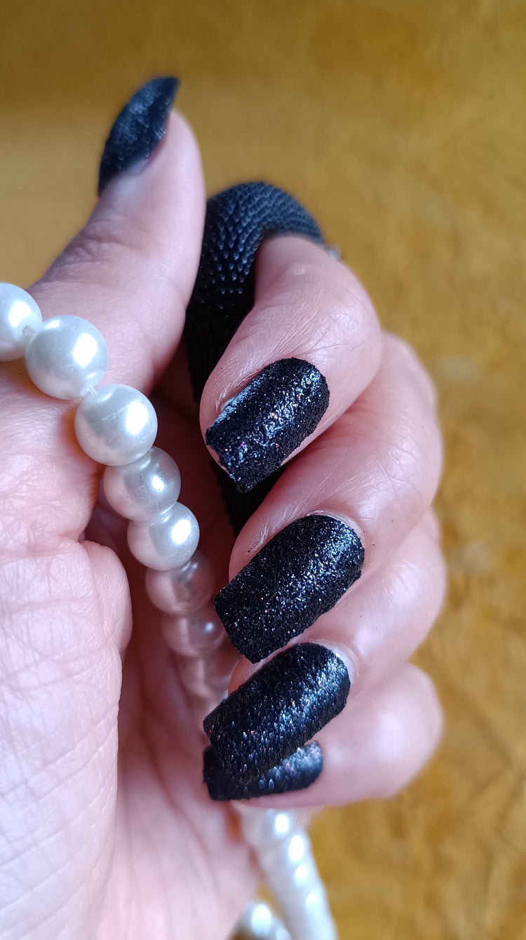 Combo of Acrylic/ Press-on Designer Nails with Glue Tabs | Artificial Nails Under 200 - Box Shaped Black Shimmer-Magenta Shimmer