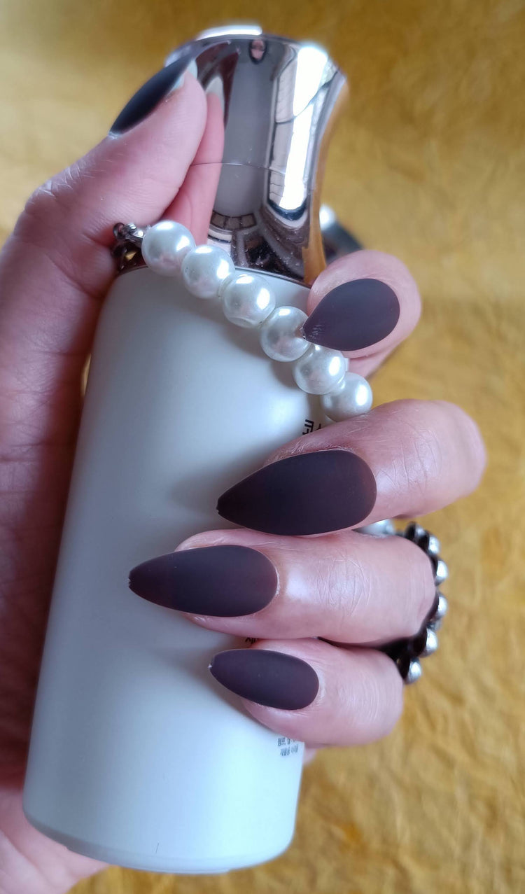 Combo of Acrylic/ Press-on Designer Nails with Glue Tabs | Artificial Nails Under 200 - Almond Shaped Maroon Matte-Brown Matte