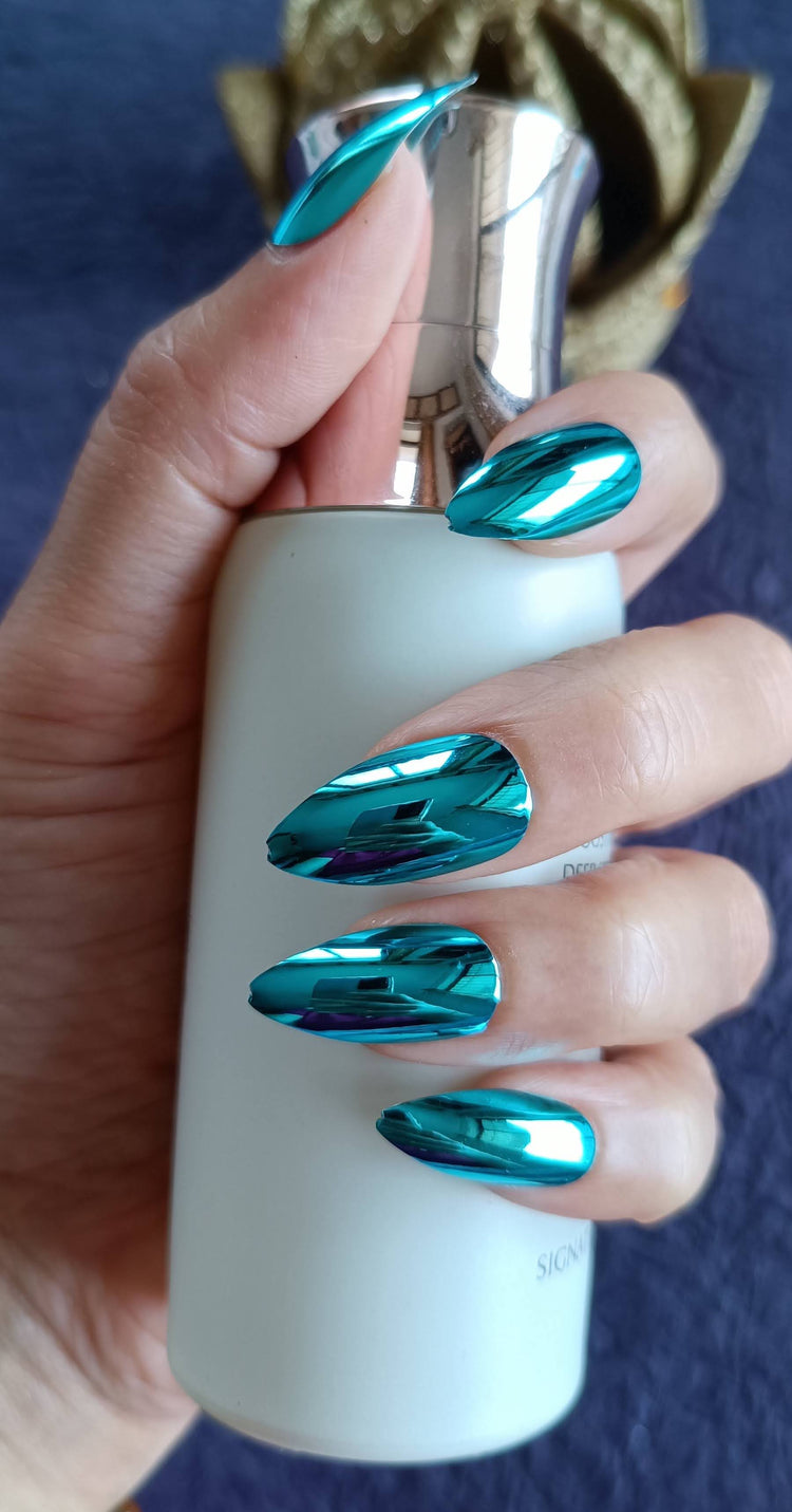 Combo of Acrylic/ Press-on Designer Nails with Glue Tabs | Artificial Nails Under 200 - Almond Shaped Blue Chromatic-Teal Chromatic