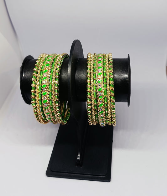 Set of 14 Silk Thread, Stone & Kundan Studded Chuda Bangles | Ethnic Collection | Gift for Women - Light Green