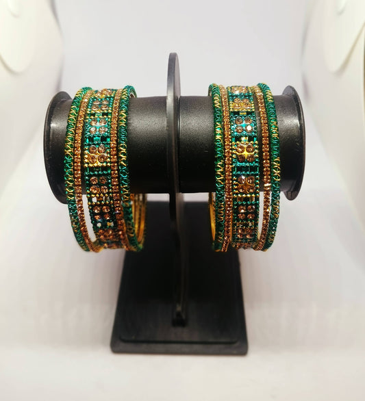 Set of 6 Peacock Green & Gold Designer Stone Bangles Set for Women | Festive, Wedding & Party Wear Bangles