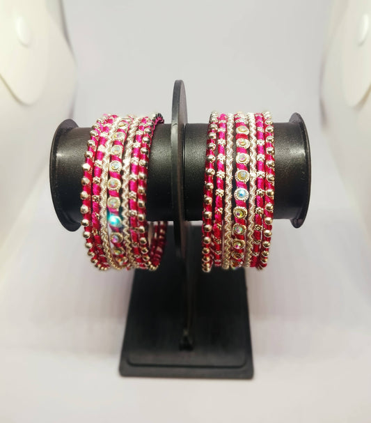 Set of 14 Silk Thread, Stone & Kundan Studded Chuda Bangles | Ethnic Collection | Gift for Women - Dark Pink with Silver