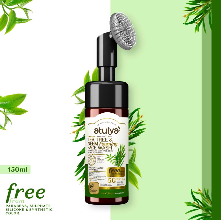 Atulya Tea Tree & Neem Foaming Face Wash with Built-in Silicone Brush | Prevents Acne - 150ml