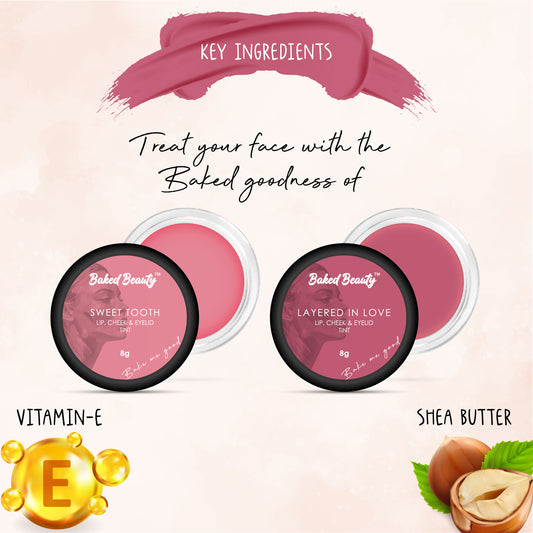 Lip, Cheek and Eyelid Tint for Hydrating Lips Enriched with Vitamin E and Shea Butter, Layered in love & Sweet Tooth, Pack of 2, 8g each
