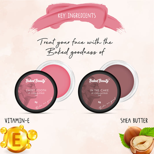 Lip, Cheek and Eyelid Tint for Hydrating Lips Enriched with Vitamin E and Shea Butter, In The Cake & Sweet Tooth, Pack of 2, 8g each