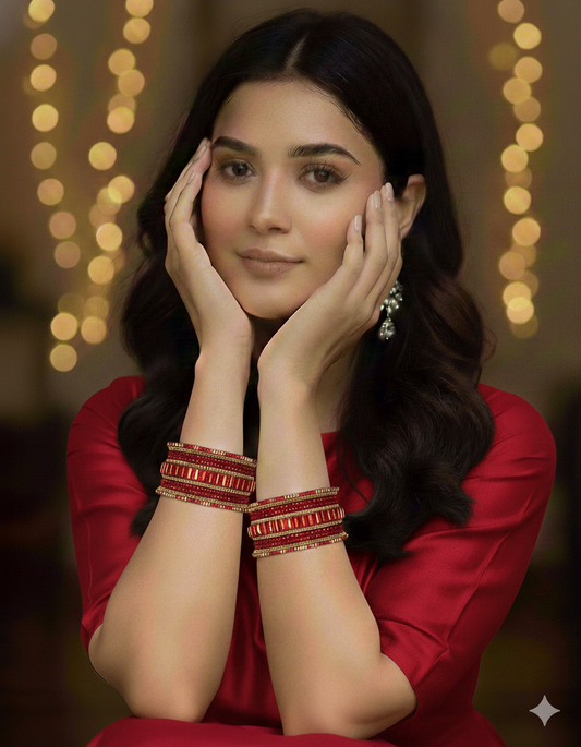 Set of 6 Crimson Red & Gold Designer Stone Bangles Set for Women | Festive & Wedding Wear Bangles