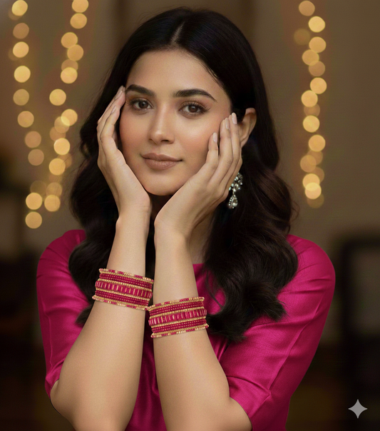 Set of 6 Magenta & Gold Designer Stone Bangles Set for Women | Festive & Wedding Wear Bangles