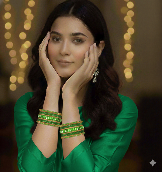 Set of 6 Parrot Green & Gold Designer Stone Bangles Set for Women | Festive & Wedding Wear Bangles