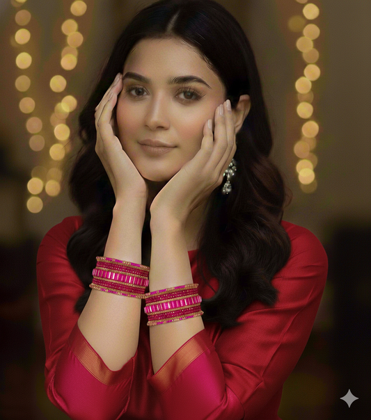 Set of 6 Pink & Gold Designer Stone Bangles Set for Women | Festive & Wedding Wear Bangles