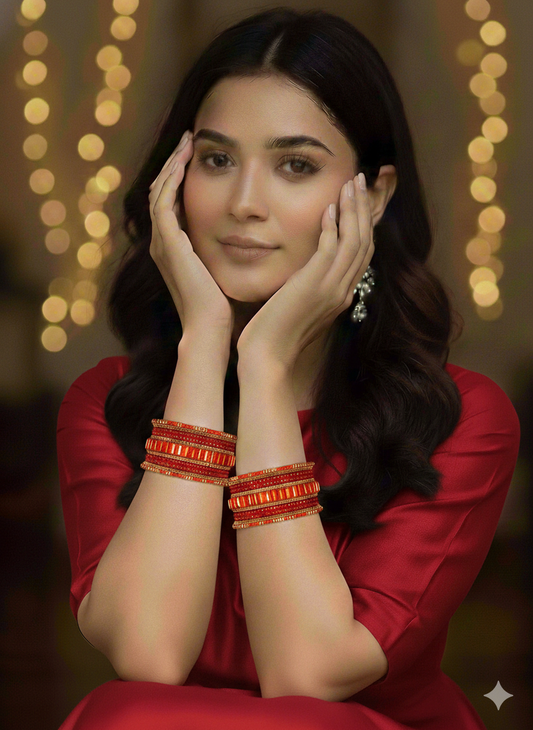 Set of 6 Vermilion Red & Gold Designer Stone Bangles Set for Women | Festive & Wedding Wear Bangles