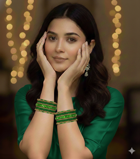 Set of 6 Royal Green & Gold Designer Stone Bangles Set for Women | Festive & Wedding Wear Bangles