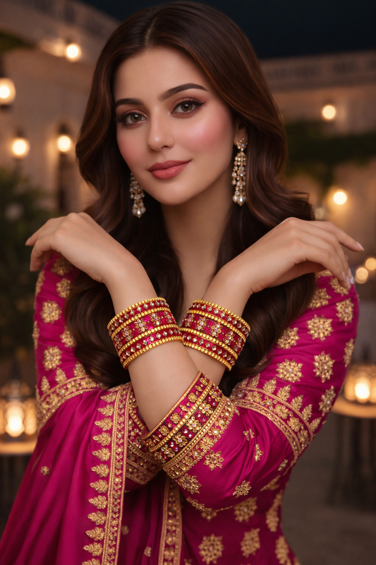 Set of 6 Dark Pink & Gold Designer Stone Bangles Set for Women | Festive, Wedding & Party Wear Bangles
