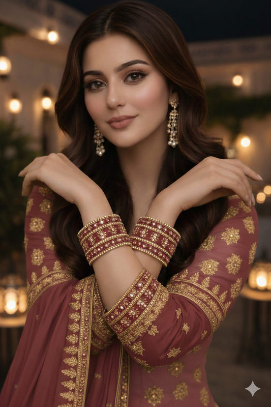 Set of 6 Garnet Pink & Gold Designer Stone Bangles Set for Women | Festive, Wedding & Party Wear Bangles