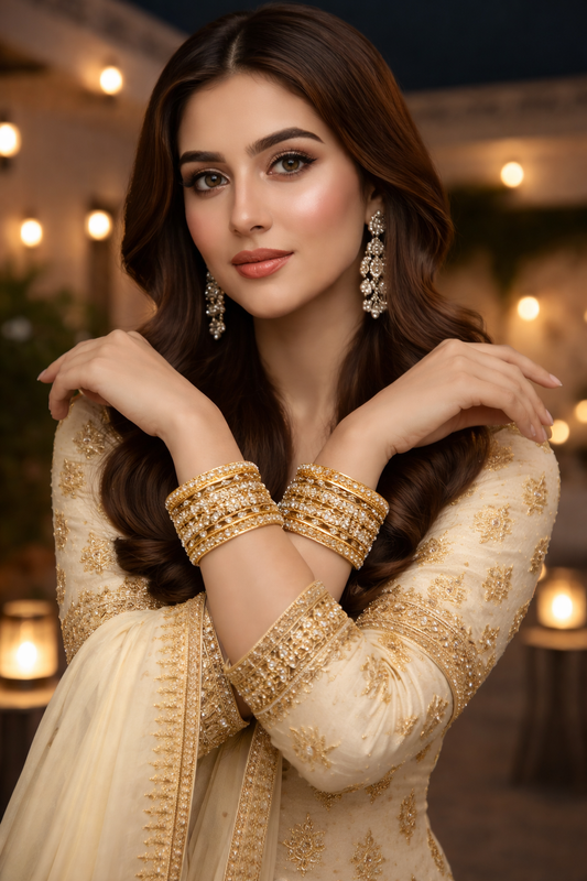 Set of 6 Gold Designer Stone Bangles Set for Women | Festive, Wedding & Party Wear Bangles