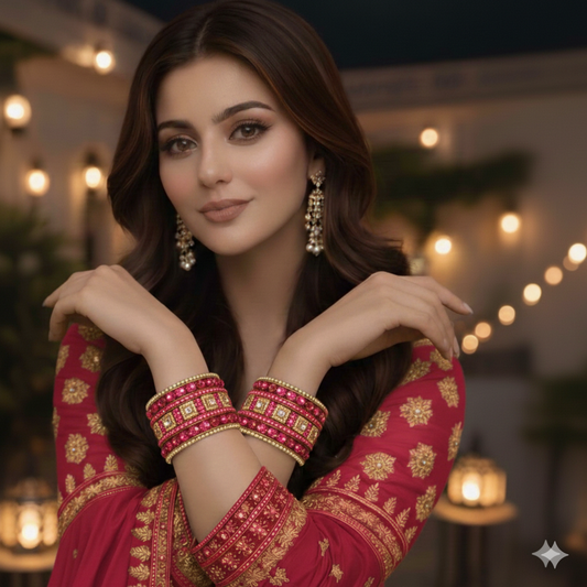 Set of 6 Hot Raspberry & Gold Designer Stone Bangles Set for Women | Festive, Wedding & Party Wear Bangles