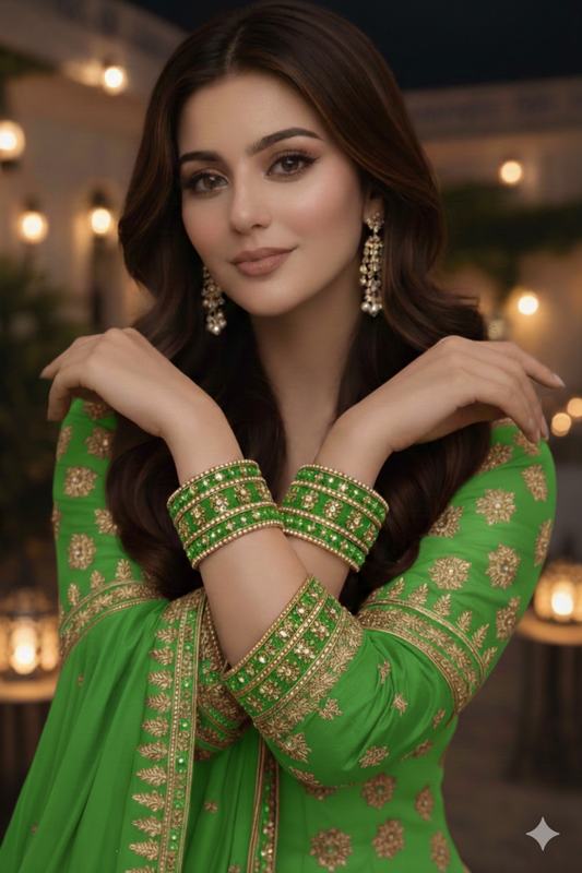 Set of 6 Parrot Green & Gold Designer Stone Bangles Set for Women | Festive, Wedding & Party Wear Bangles