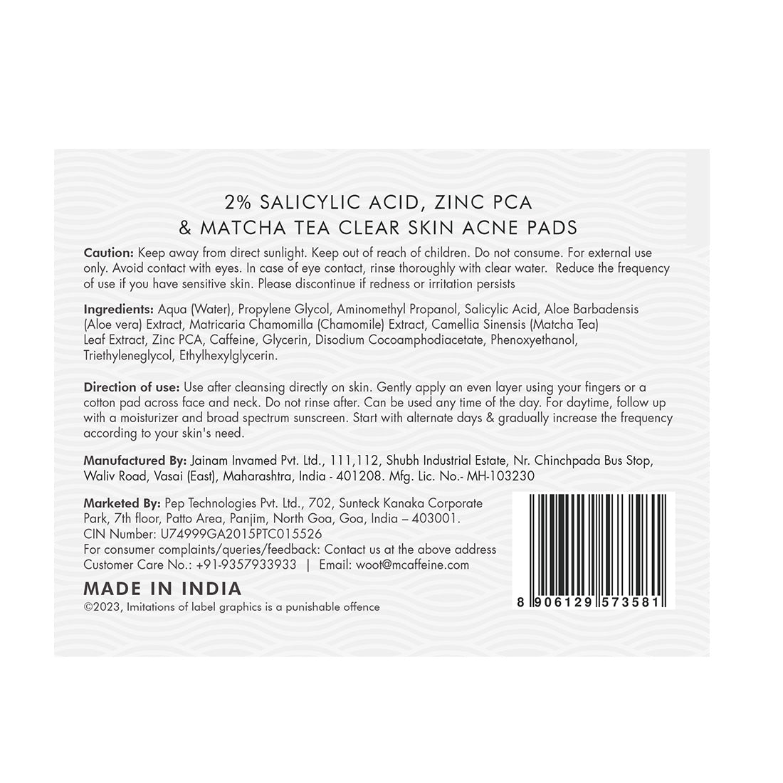 mCaffeine 2% SALICYLIC ACID Zinc PCA & MATCHA TEA CLEAR SKIN ACNE PADS