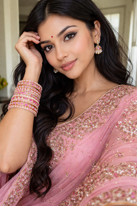 Set of 14 Silk Thread, Stone & Kundan Studded Chuda Bangles | Ethnic Collection | Gift for Women - Baby Pink with Silver