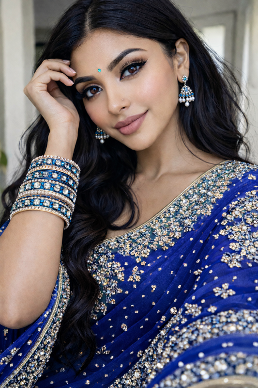 Set of 14 Silk Thread, Stone & Kundan Studded Chuda Bangles | Ethnic Collection | Gift for Women - Blue with Silver