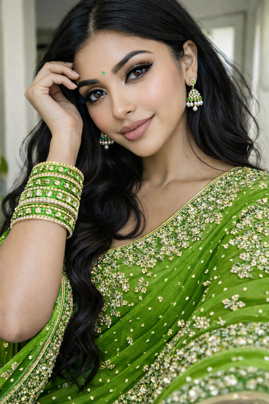 Set of 14 Silk Thread, Stone & Kundan Studded Chuda Bangles | Ethnic Collection | Gift for Women - Green with Silver