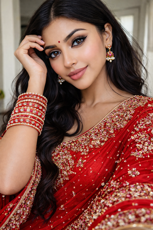 Set of 14 Silk Thread, Stone & Kundan Studded Chuda Bangles | Ethnic Collection | Gift for Women - Red with Silver