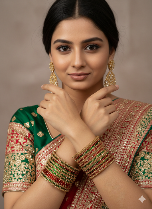 Set of 22 Festive Designer Bangles with Beaded Detailing | Ethnic Collection | Gift for Women - Green & Red