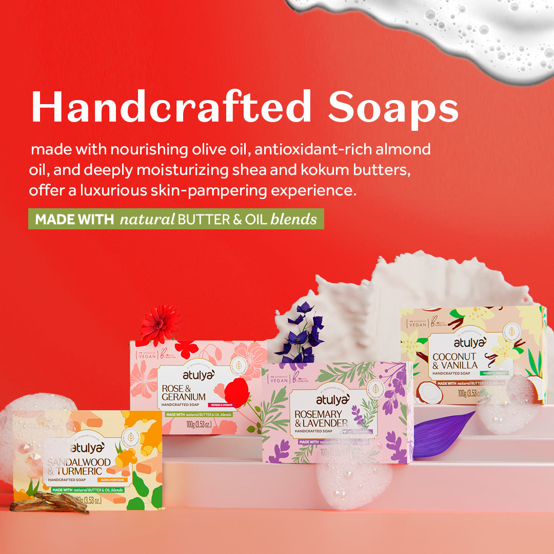 Atulya Rose & Geranium Handcrafted Soap | Hydrates & Refreshes | SLS & Paraben Free | For All Skin Types | 125 gm