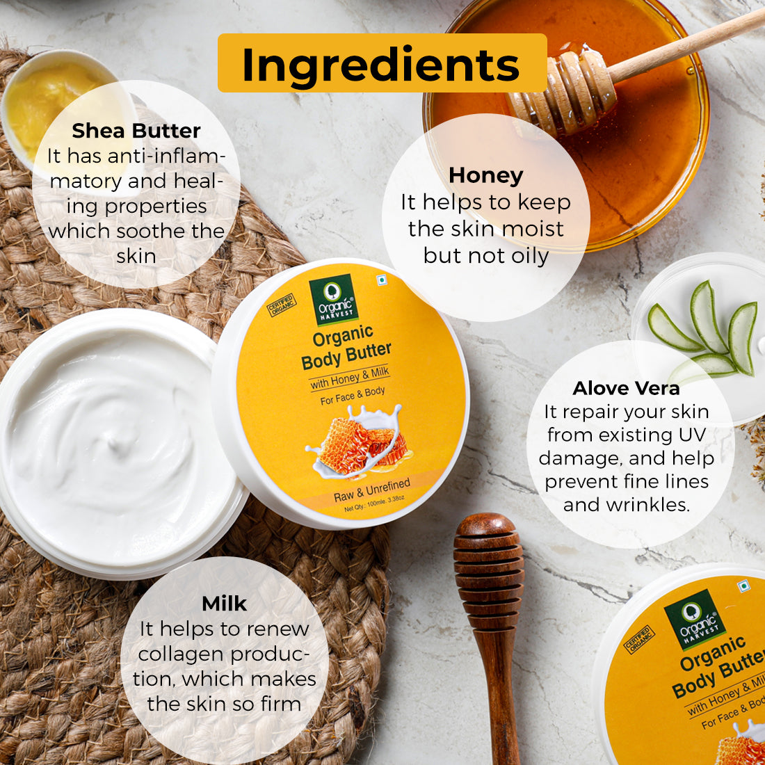 Body Butter Cream With Benefits of Shea Butter, Aloe Vera, Honey & Milk | Deep Moisturizing Cream for Dry - 100ml