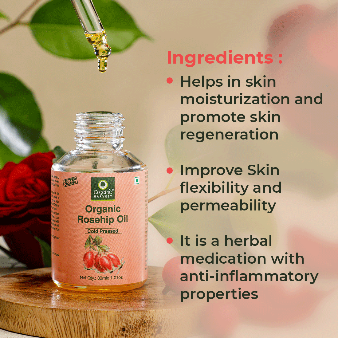 Cold-Pressed Rosehip Seed Oil, Boosts Collagen Production, Reduces Dullness & Hyper-pigmentation, For Healthy Hair & Skin Luminosity - 30ml