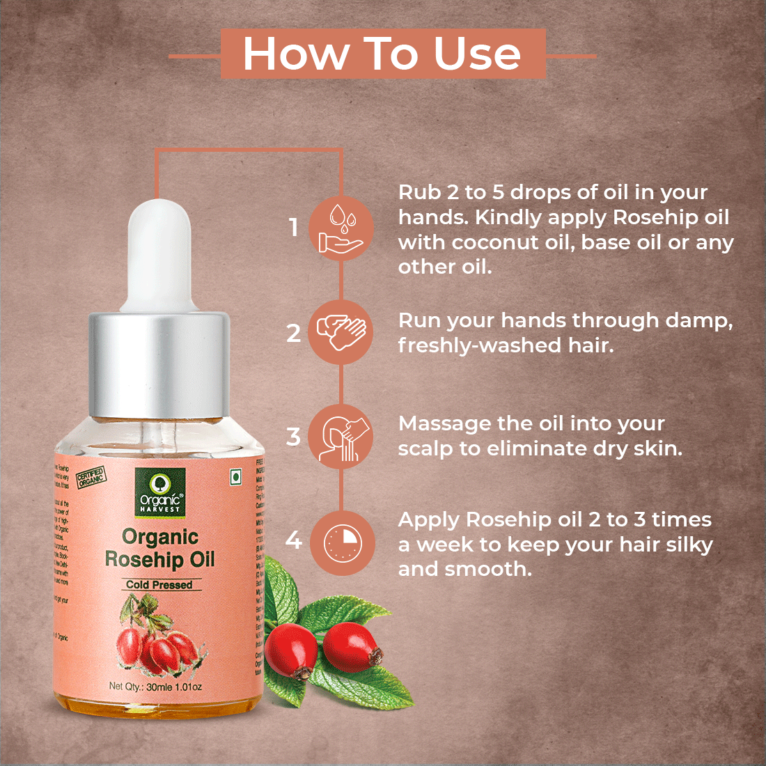 Cold-Pressed Rosehip Seed Oil, Boosts Collagen Production, Reduces Dullness & Hyper-pigmentation, For Healthy Hair & Skin Luminosity - 30ml