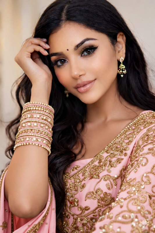 Set of 14 Silk Thread, Stone & Kundan Studded Chuda Bangles | Ethnic Collection | Gift for Women - Baby Pink