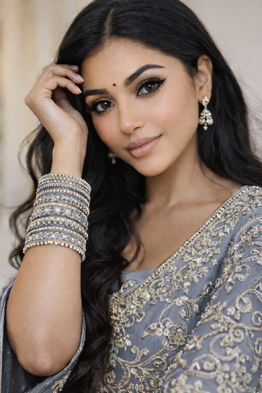 Set of 14 Silk Thread, Stone & Kundan Studded Chuda Bangles | Ethnic Collection | Gift for Women - Grey