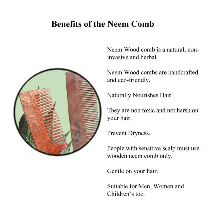 Neem Wooden Comb | Hair Growth, Hairfall, Dandruff Control | Hair Straightening, Frizz Control | Comb for Men, Women - Wide Tooth Comb