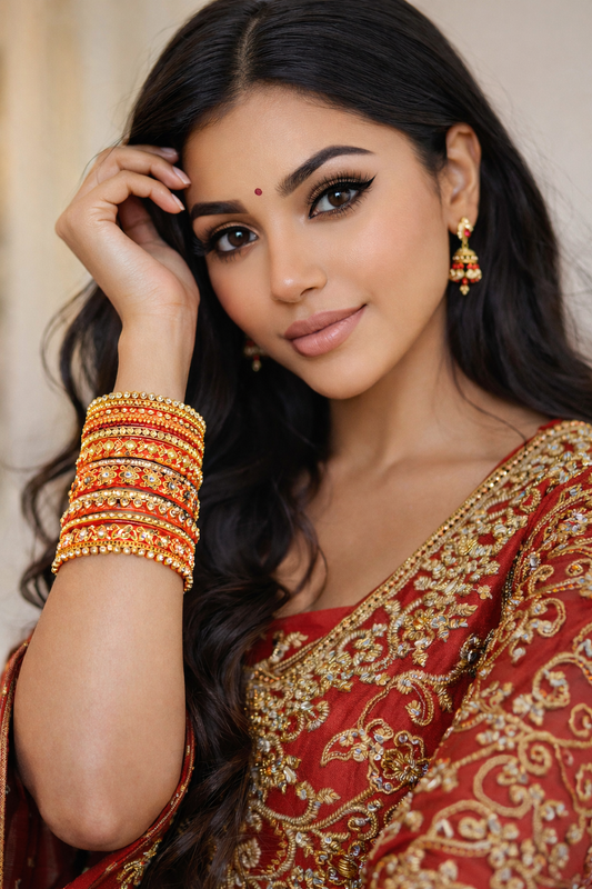 Set of 14 Silk Thread, Stone & Kundan Studded Chuda Bangles | Ethnic Collection | Gift for Women - Orange