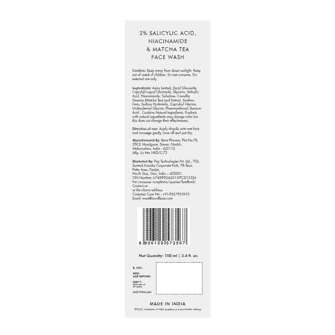 mCaffeine 2% SALICYLIC ACID Niacinamide & MATCHA TEA FACE WASH