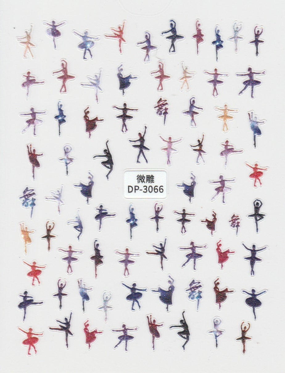 A sheet of self-adhesive nail art stickers featuring various ballet-themed designs with multicolored patterns.