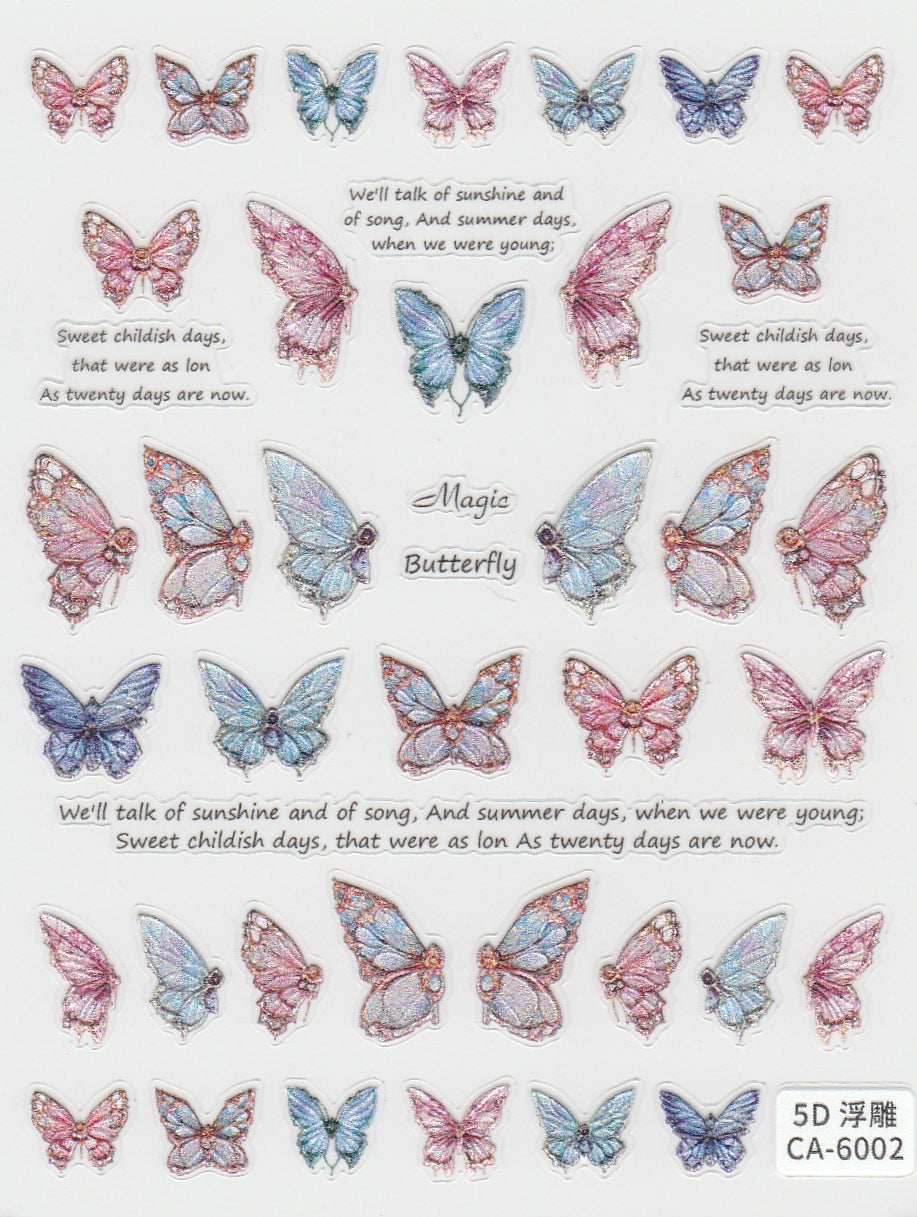 A collection of self-adhesive nail art stickers featuring various butterfly designs in different colors.