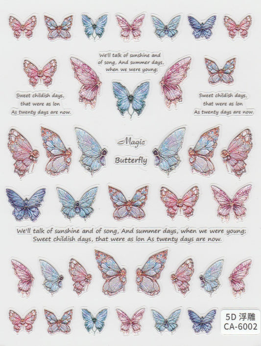 A collection of self-adhesive nail art stickers featuring various butterfly designs in different colors.