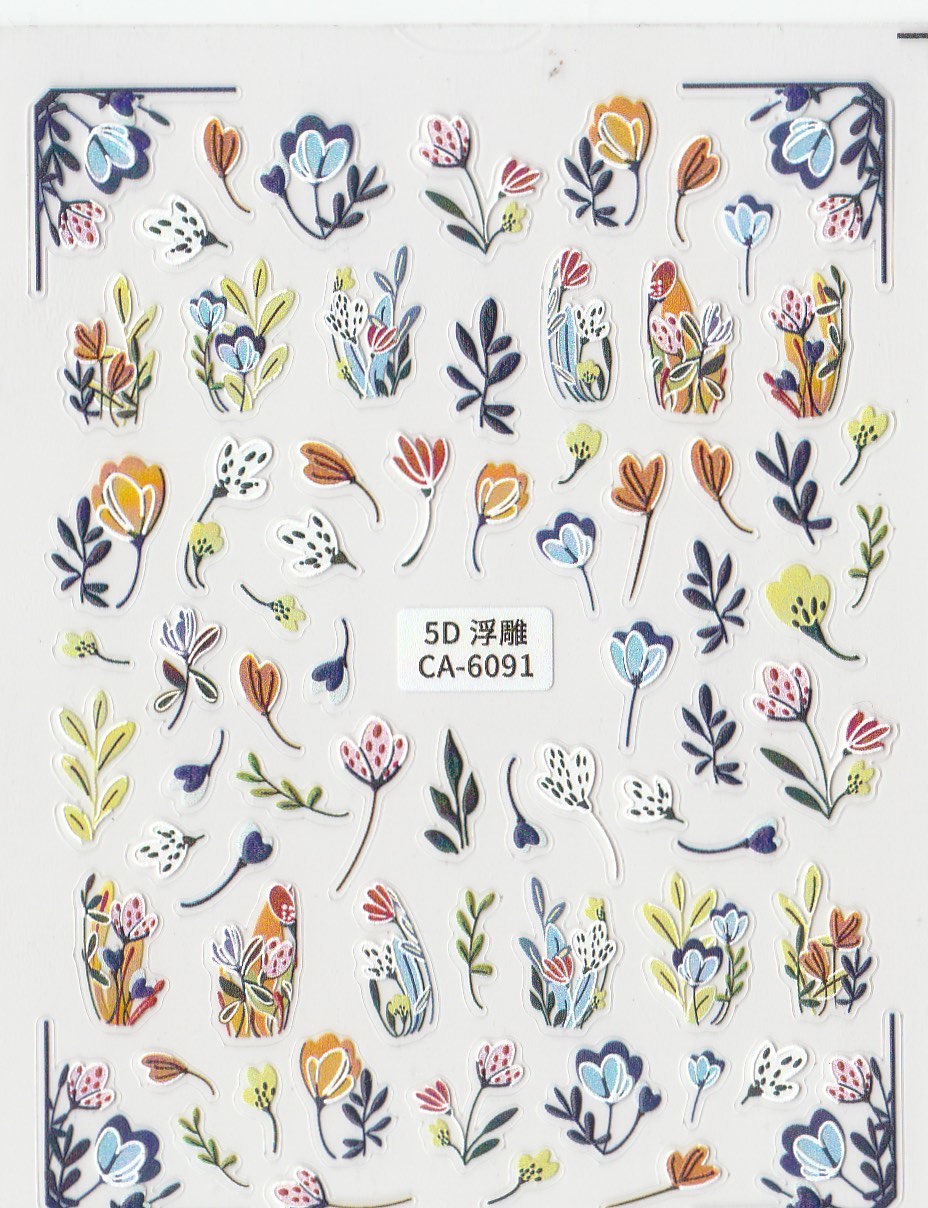 A sheet of 5D self-adhesive nail art stickers with a floral pattern, including various colorful flowers and leaf designs.
