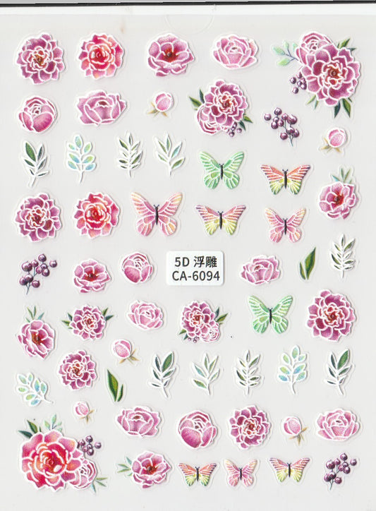 A sheet of 5D self-adhesive nail art stickers featuring various floral patterns and butterflies.