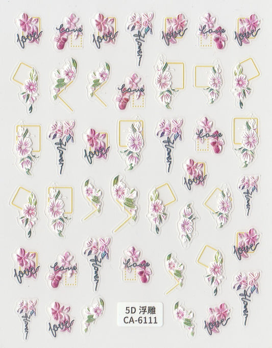 A sheet of various floral patterned nail stickers, predominantly featuring pink flowers.