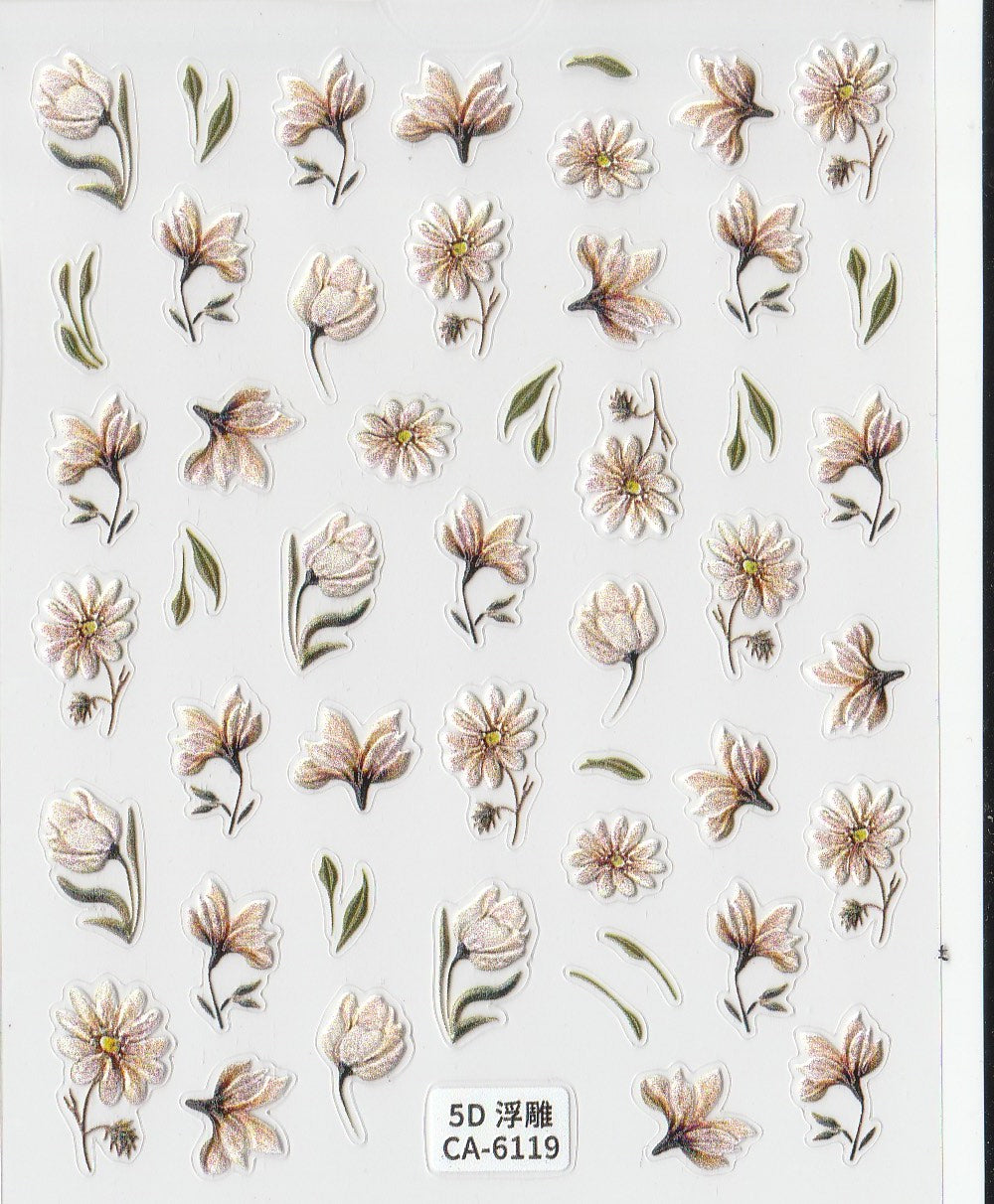 A sheet of 5D self-adhesive nail art stickers featuring various flower patterns.