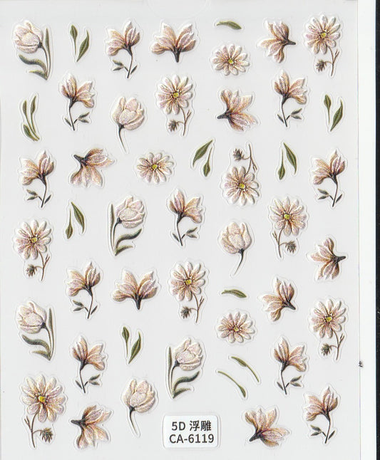 A sheet of 5D self-adhesive nail art stickers featuring various flower patterns.